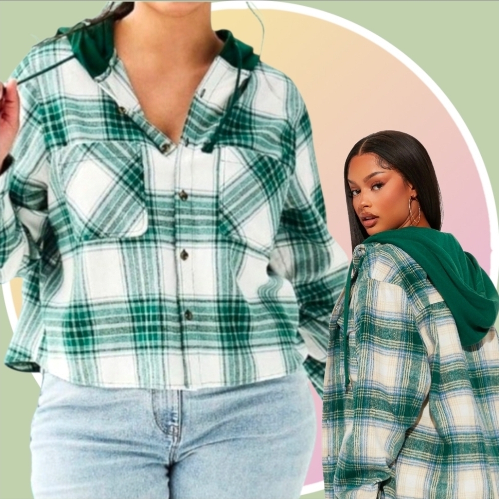 .NWT 2XL Lightweight Plaid Button Up Hoodie 2 Pockets Contrasting Hood
